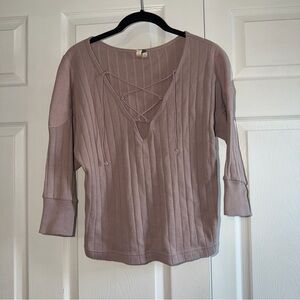 We The Free Mauve Lace-Up Ribbed Blouse